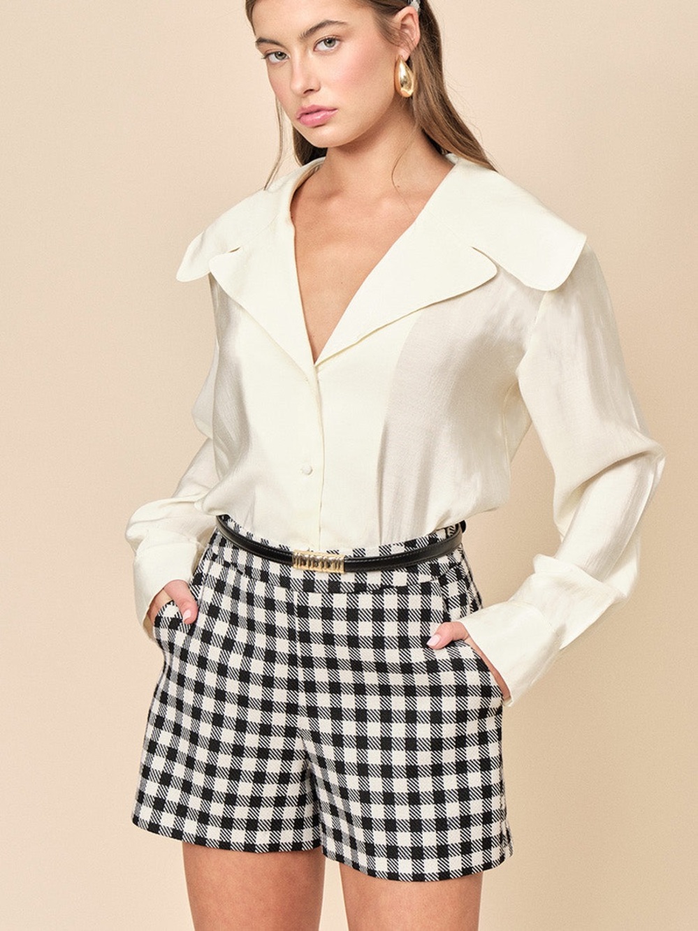 Maude Club Bianca Wool Gingham Shorts Cream/Black Size S NWT - Picture 2 of 8